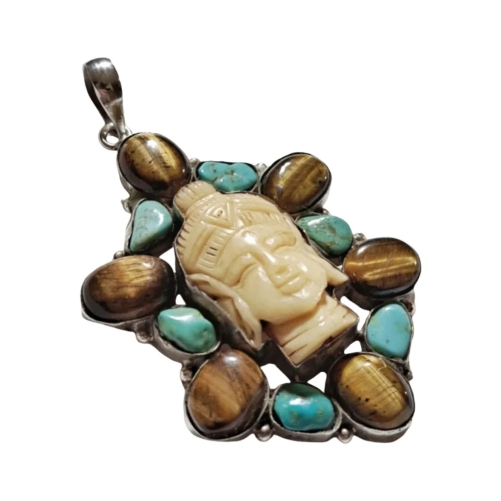 Large Carved Buddha Pendant 925 Silver with Genuine Turquoise & Tiger Eye RARE!!